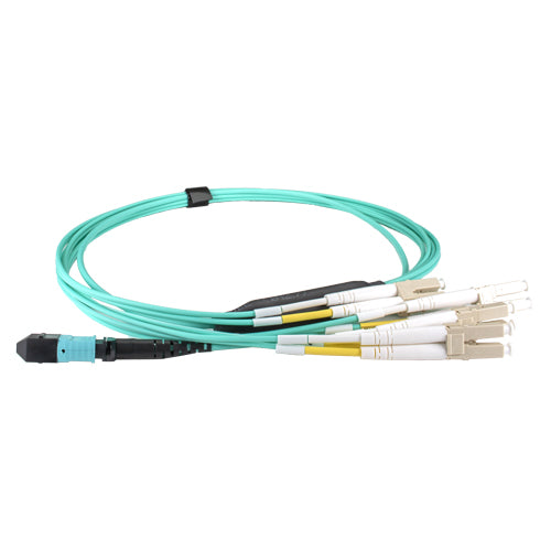 1 m OM4 BASE-12 MPO (f) auf 4X LC (DX) Breakout Aqua CPR Kabel Methode B