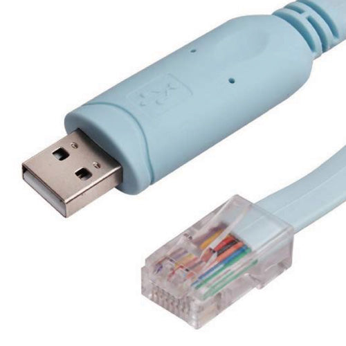 Blaues Konsolenkabel DB9 oder USB Typ A Stecker – RJ45 Stecker