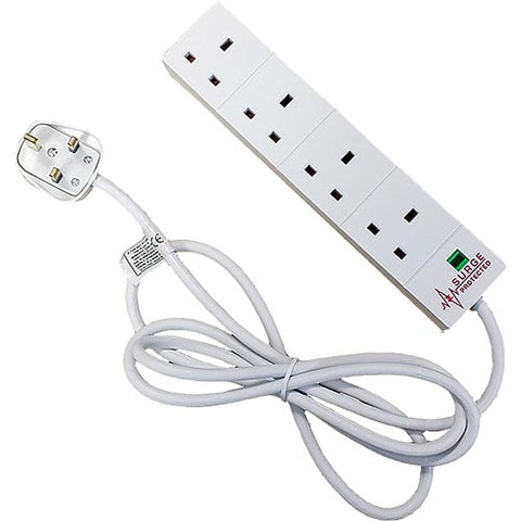 4 Way UK White (13Amp) Surge Protected Power Strip with 2m Lead