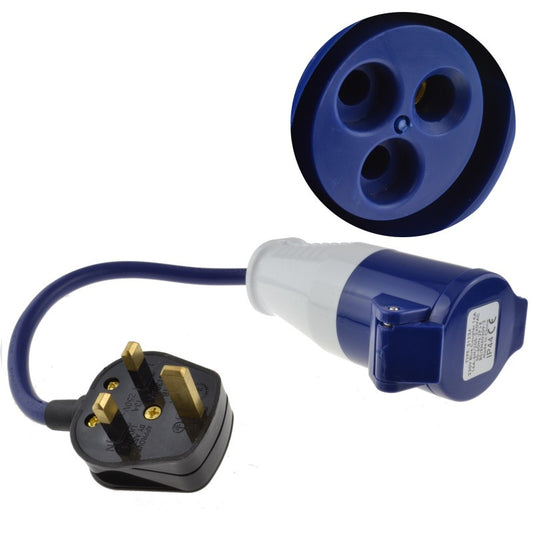 240v 3 Pin UK Plug to Blue IP44 Commando 16 amp Socket Electric Hook Up Caravan Adapter 75cm