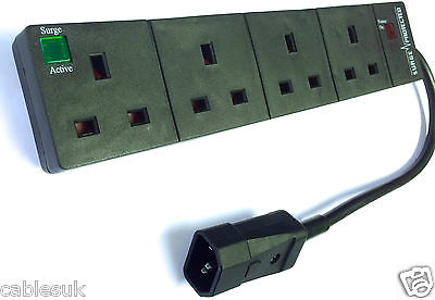 4 Way Gang Mains Power Extension Block Lead Surge Protected to IEC C14 Male Plug