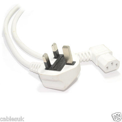 WHITE UK Mains 5 Amp Right Angle IEC13 Female Cable 2m fits TV