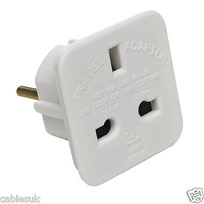 UK MAINS POWER 3 PIN PLUG TO EURO CONTINENTAL 2 PIN PLUG ADAPTOR CONVERTER WHITE