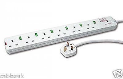 UK Plug to 6 Way UK Socket White Extension Block Individually Switched and Surge Protected