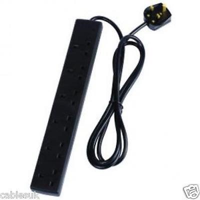 Uk Plug to 6 Way UK Socket Black Extension Lead Surge and Spike Protected 2m 2 metres